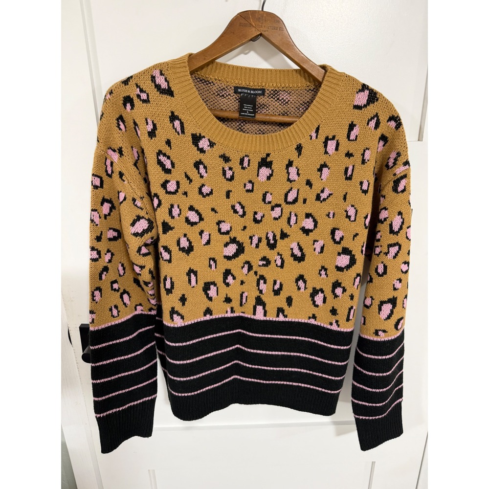 Blush & Bloom Leopard Print Striped Colorblock Sweater Tan Pink Black Large